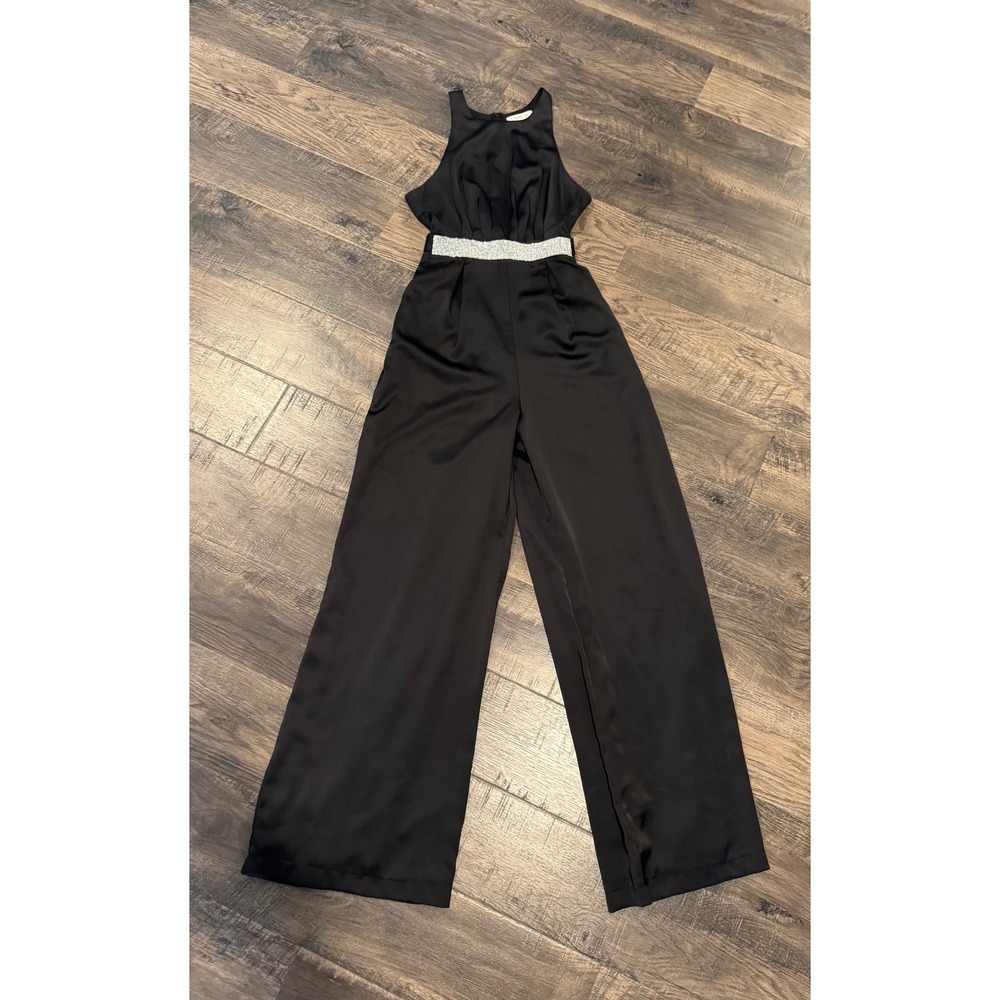 Mustard Seed Black Satin Wide Leg Jumpsuit Rhinestone Waist Small
